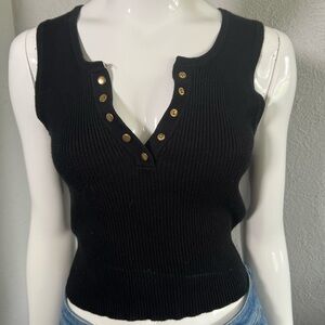 Black Ribbed Crop Tank Top with Gold Accents